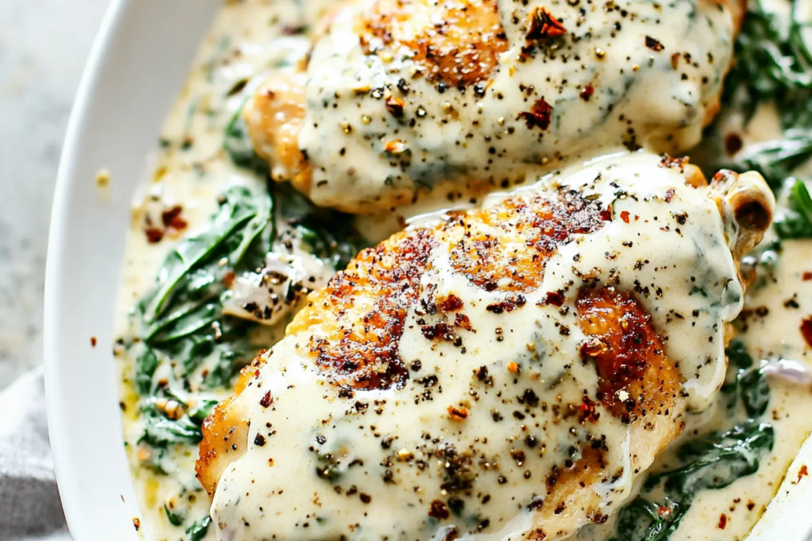CREAMY SPINACH CHICKEN centered hero view, clean and uncluttered