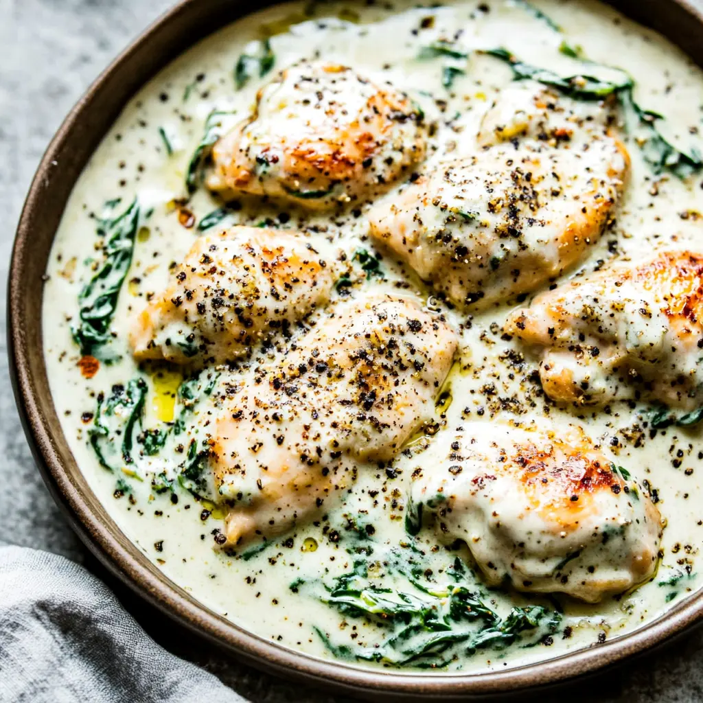 Creamy spinach chicken in a skillet with glossy garlic cream sauce