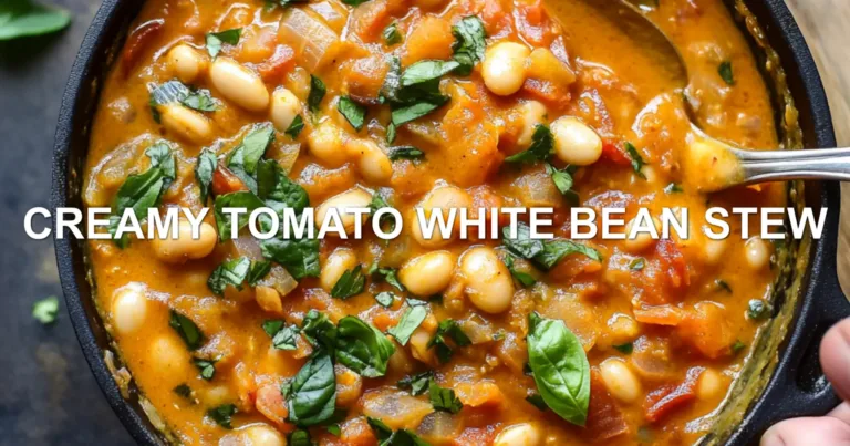 CREAMY TOMATO WHITE BEAN STEW centered hero view, clean and uncluttered