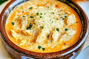 CROCK POT CREAMY CHICKEN PARMESAN SOUP centered hero view, clean and uncluttered