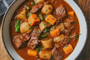 CROCKPOT BEEF STEW centered hero view, clean and uncluttered