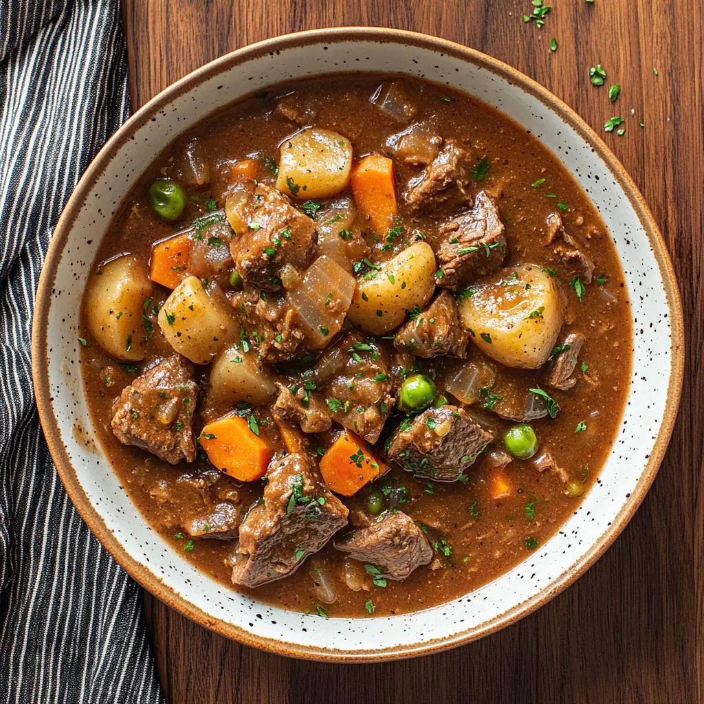 Crockpot beef stew in a bowl with tender beef and vegetables