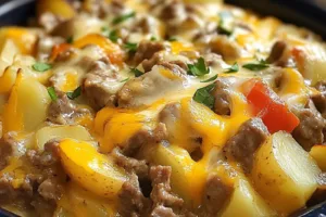 CROCKPOT CHEESESTEAK POTATO CASSEROLE centered hero view, clean and uncluttered