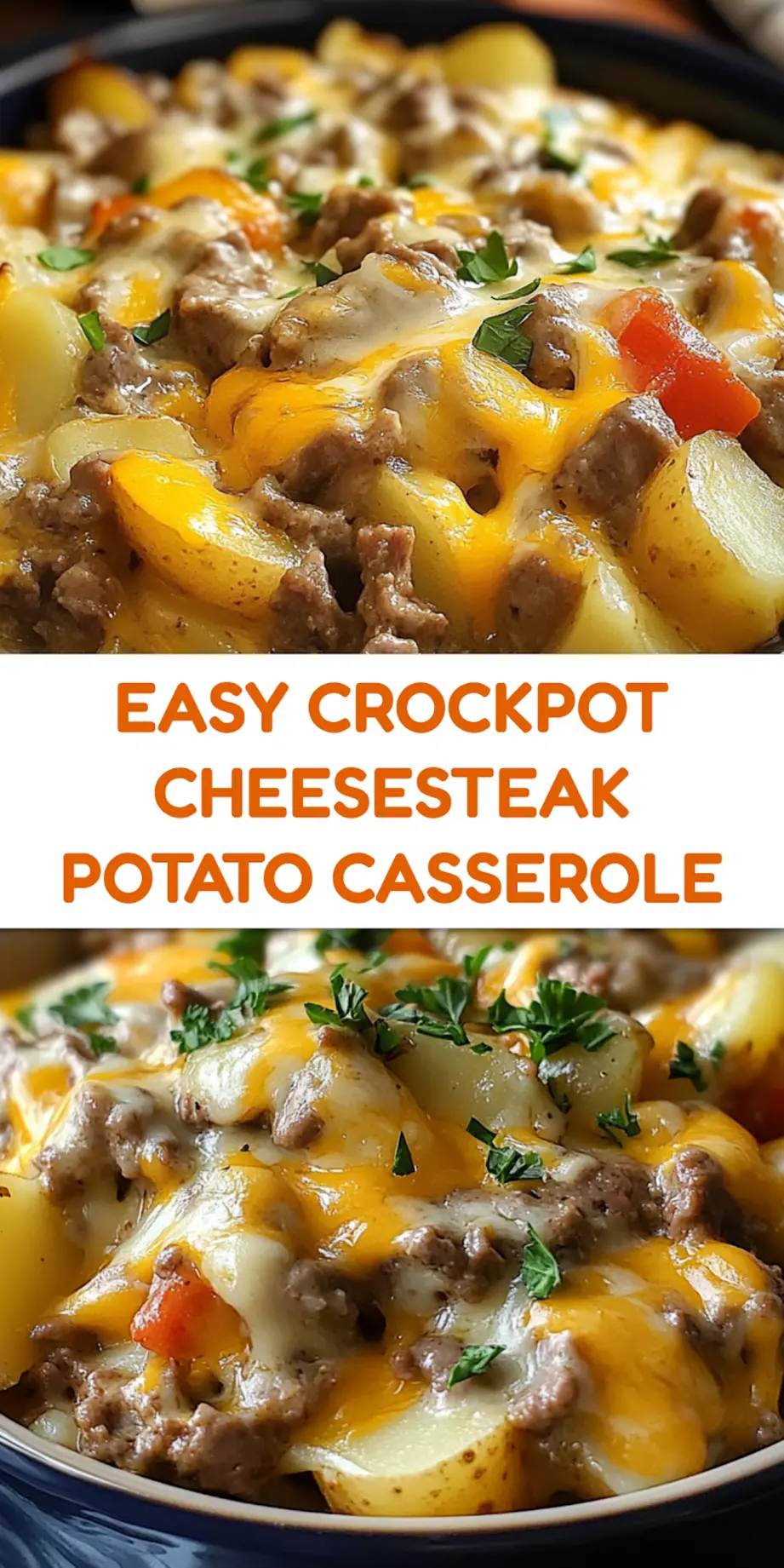 Crockpot Cheesesteak Potato Casserole with layers of beef, potatoes, and melted cheese