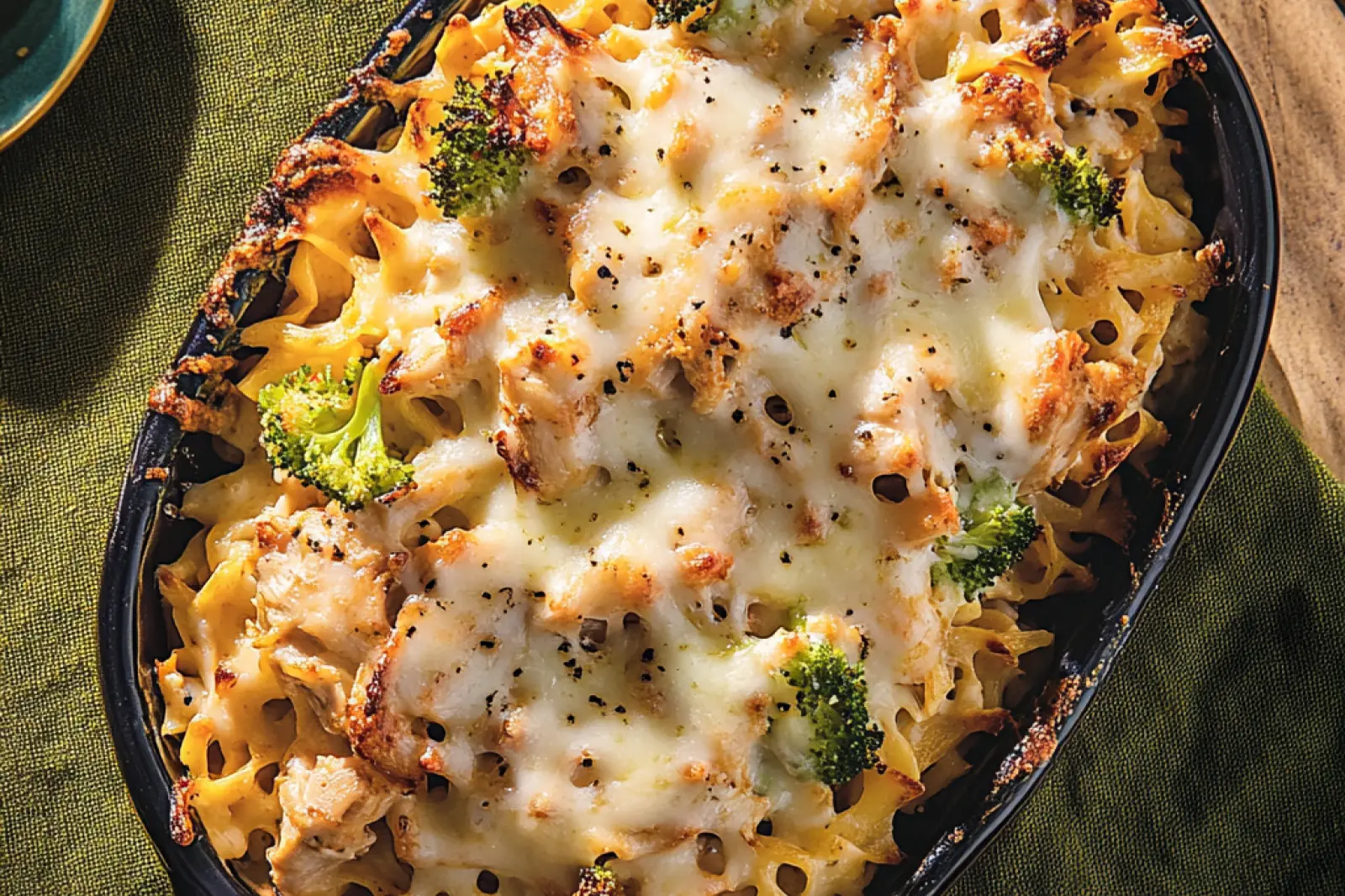 DUMP AND BAKE CHICKEN ALFREDO NOODLE CASSEROLE centered hero view, clean and uncluttered