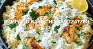 DUMP AND BAKE CHICKEN TZATZIKI RICE centered hero view, clean and uncluttered