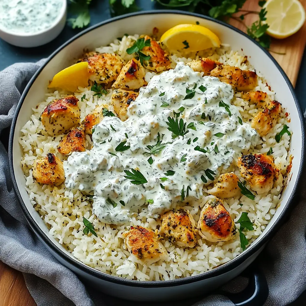 Dump and Bake Chicken Tzatziki Rice in a baking dish, centered hero view, clean and uncluttered