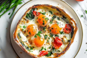 EASY BAKED FETA EGGS centered hero view, clean and uncluttered