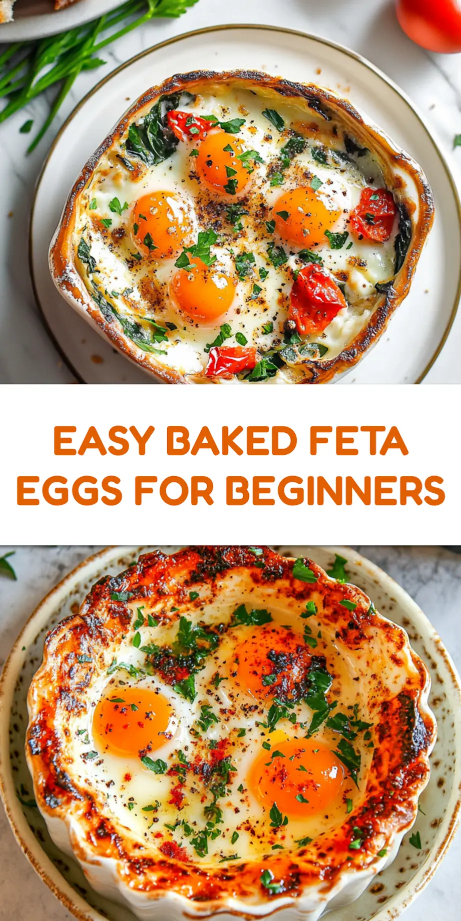 Easy baked feta eggs with jammy yolks and roasted tomatoes, perfect for sharing