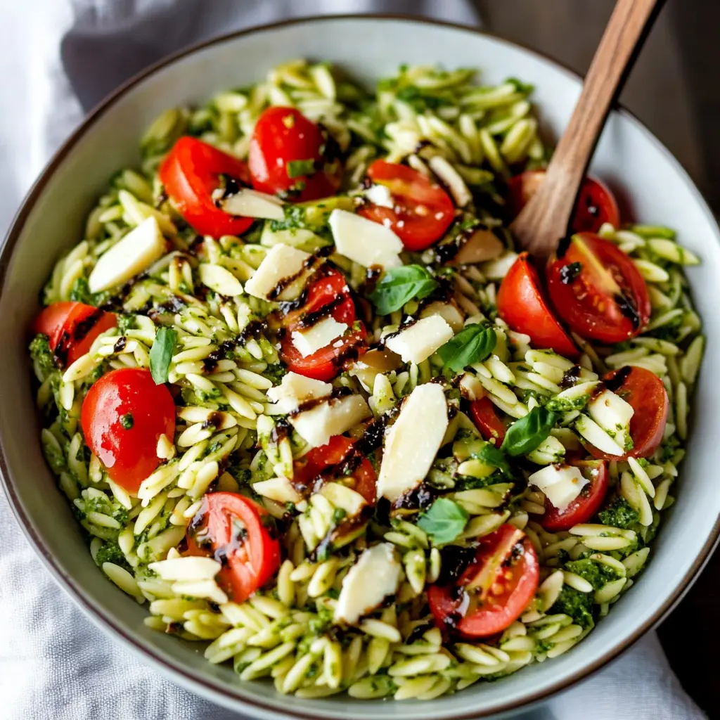 Easy orzo salad with pesto in a serving bowl, garnished with fresh mozzarella and cherry tomatoes