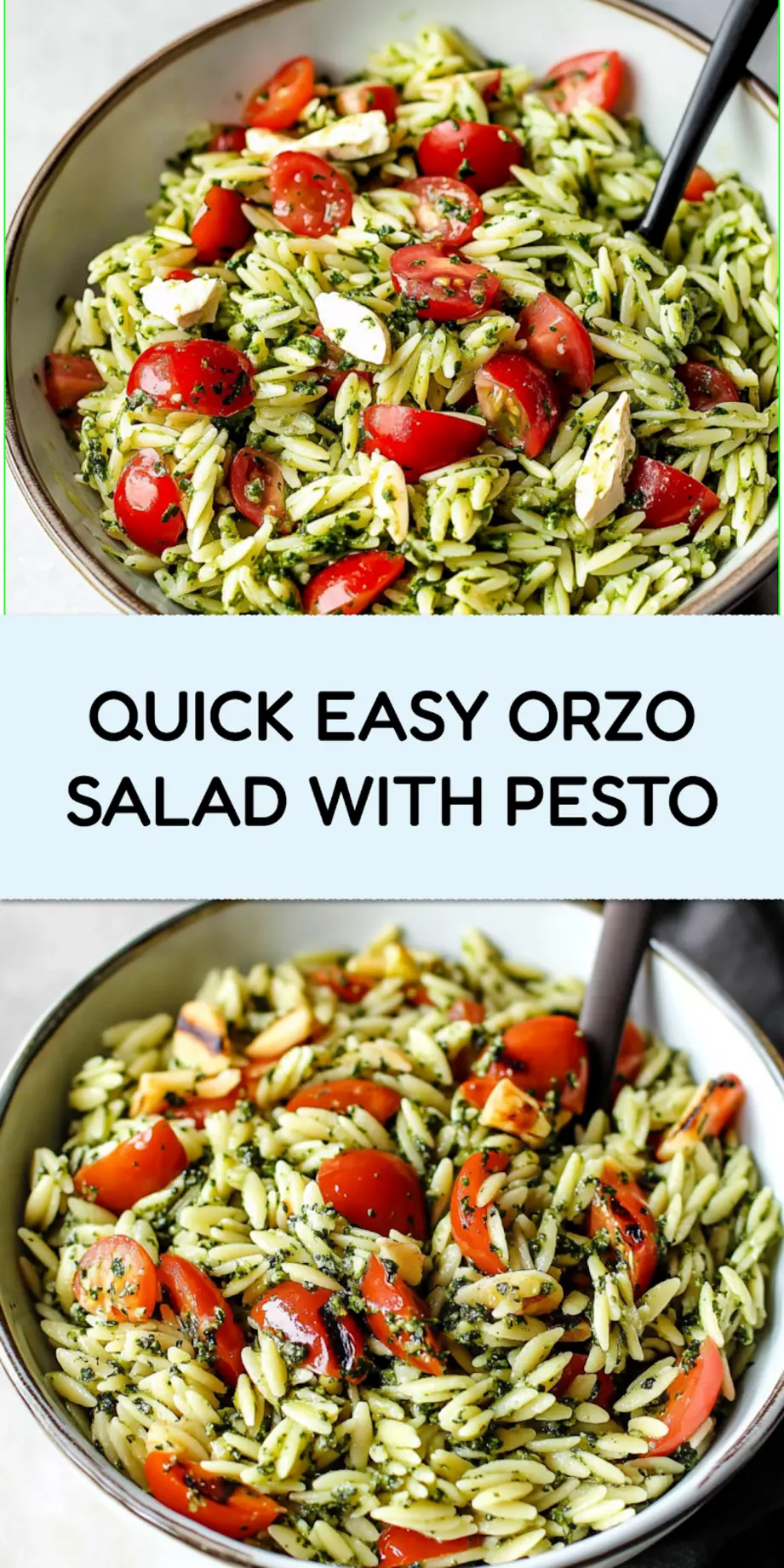 Easy orzo salad with pesto, perfect for sharing and pinning