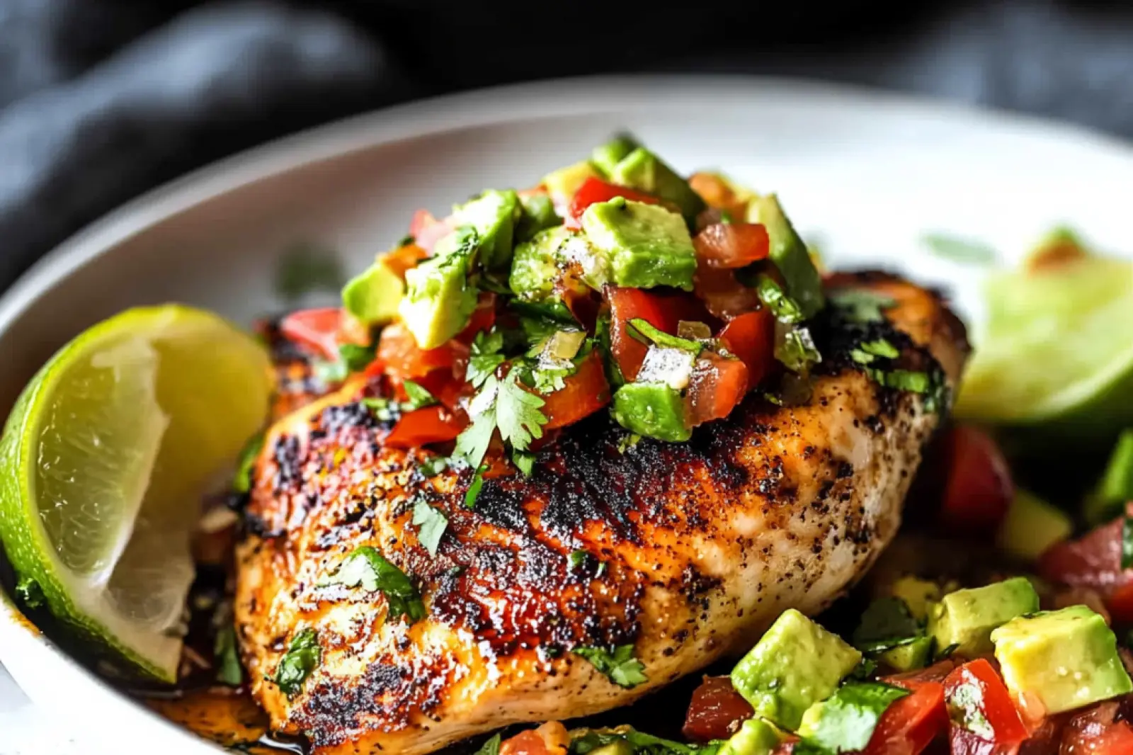 FIESTA LIME CHICKEN RECIPE WITH AVOCADO centered hero view, clean and uncluttered