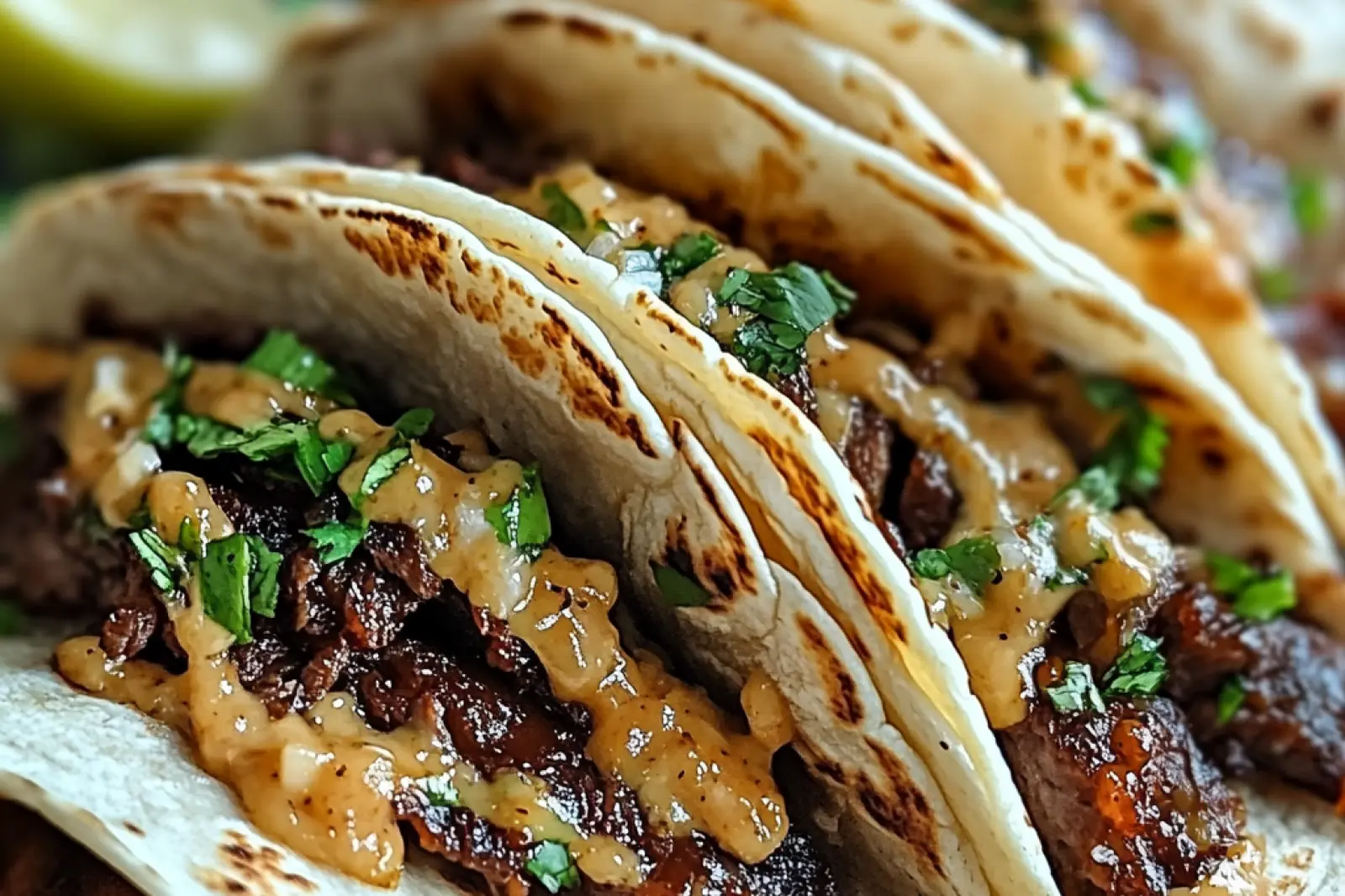 GARLIC BUTTER HONEY BBQ BEEF TACOS centered hero view, clean and uncluttered