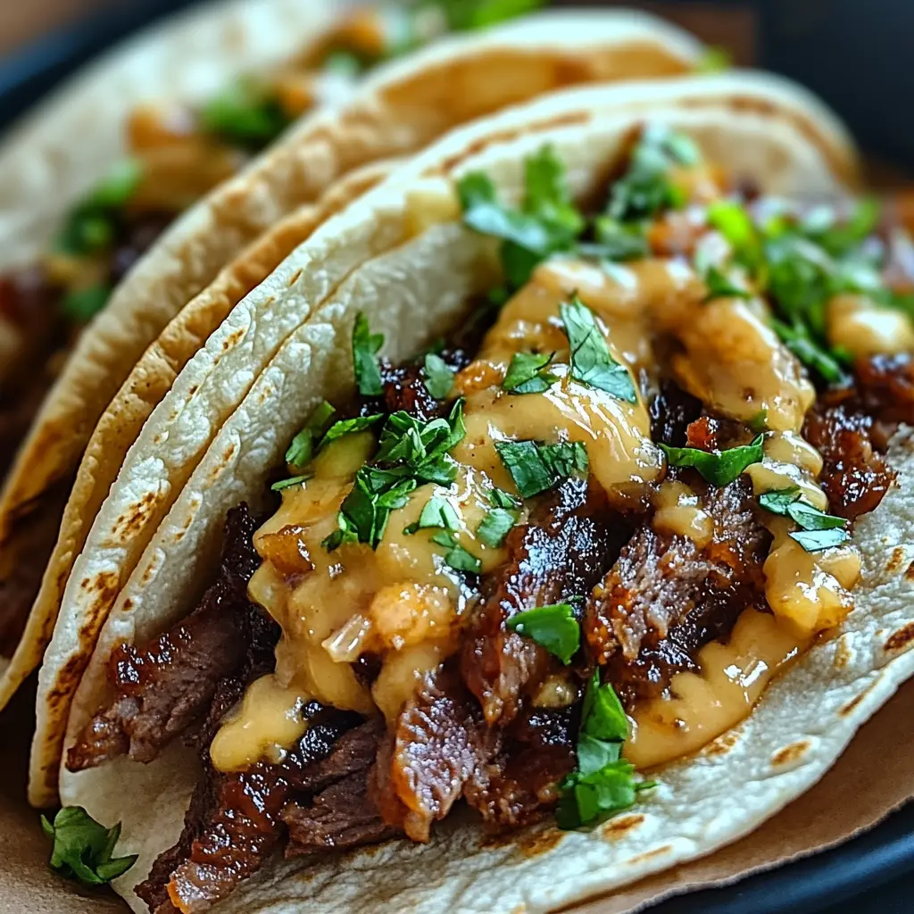 GARLIC BUTTER HONEY BBQ BEEF TACOS centered hero view, clean and uncluttered