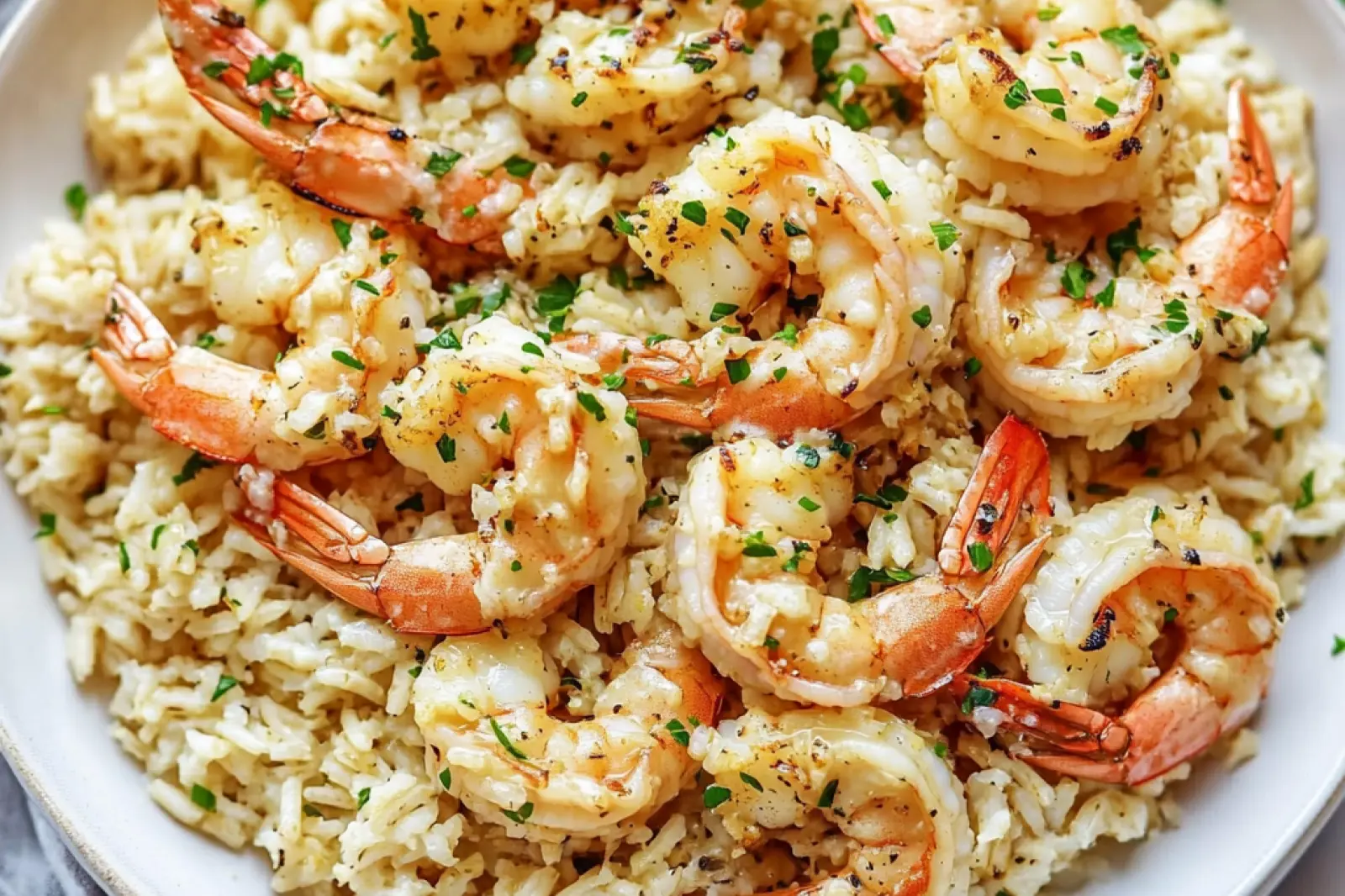 GARLIC BUTTER SHRIMP AND RICE centered hero view, clean and uncluttered