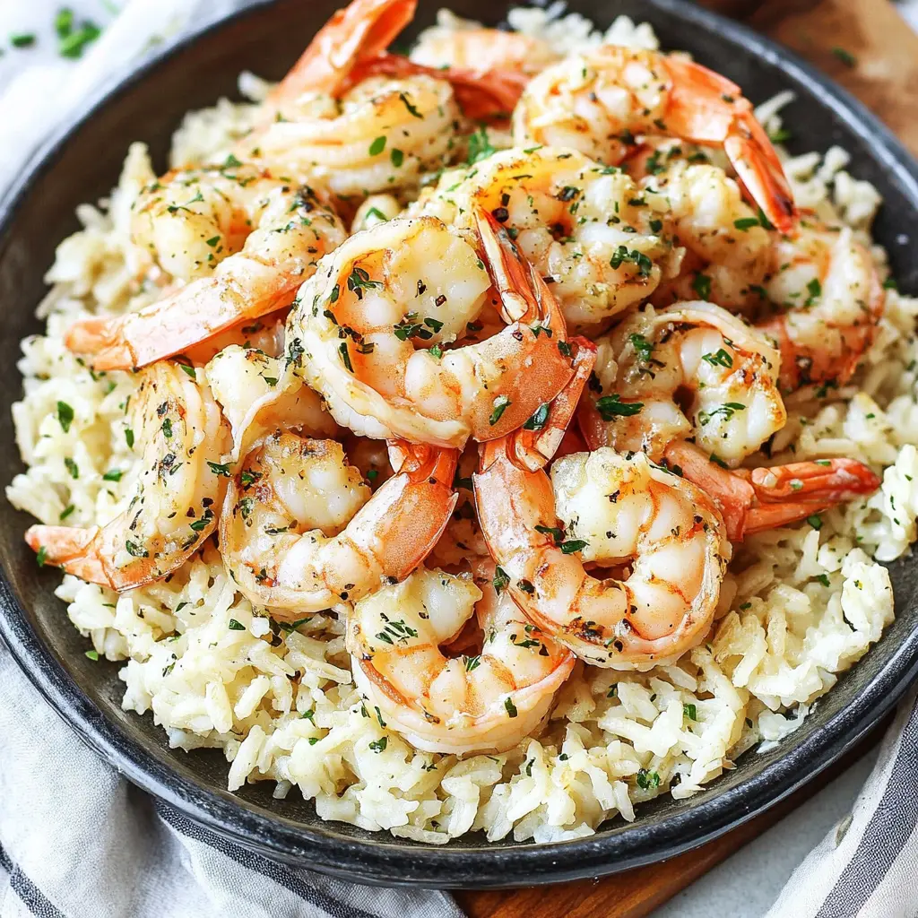 Garlic butter shrimp and rice centered hero view, clean and uncluttered