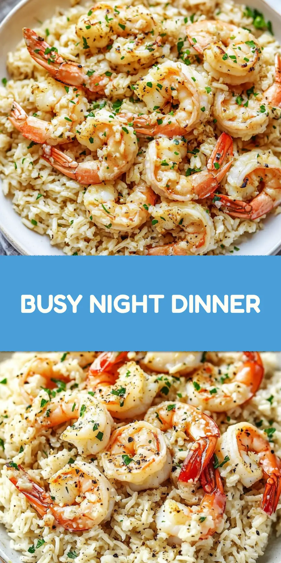 Garlic butter shrimp and rice centered hero view, clean and uncluttered pin