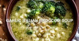 GARLIC ITALIAN BROCCOLI SOUP centered hero view, clean and uncluttered