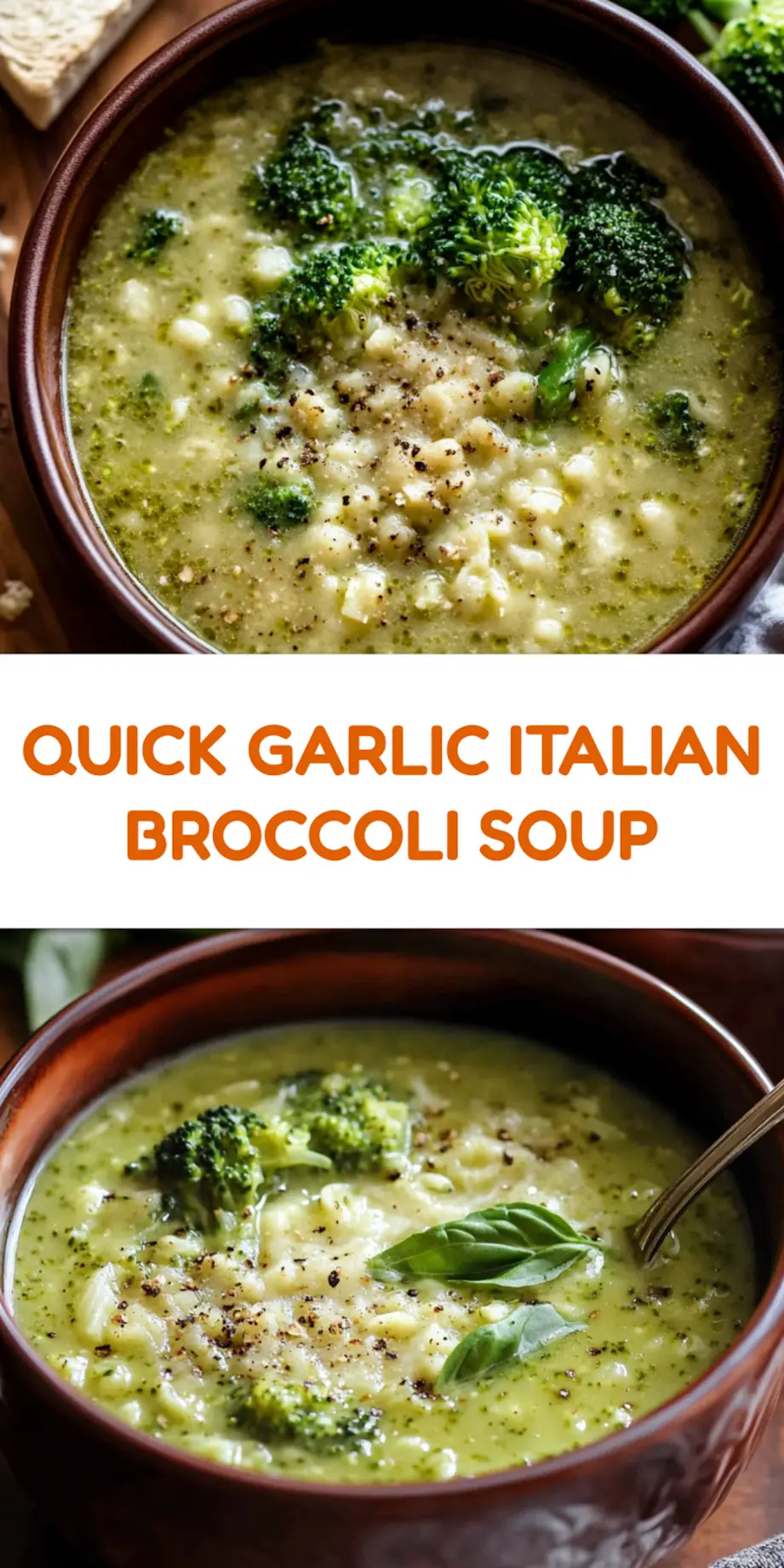 GARLIC ITALIAN BROCCOLI SOUP centered hero view, clean and uncluttered_pin