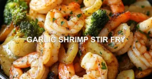 Garlic Shrimp Stir Fry Recipe Quick Easy and Delicious GARLIC SHRIMP STIR FRY centered hero view, clean and uncluttered