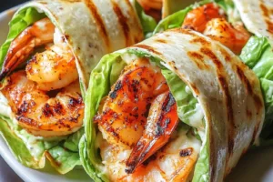 GRILLED SHRIMP CAESAR WRAPS centered hero view, clean and uncluttered