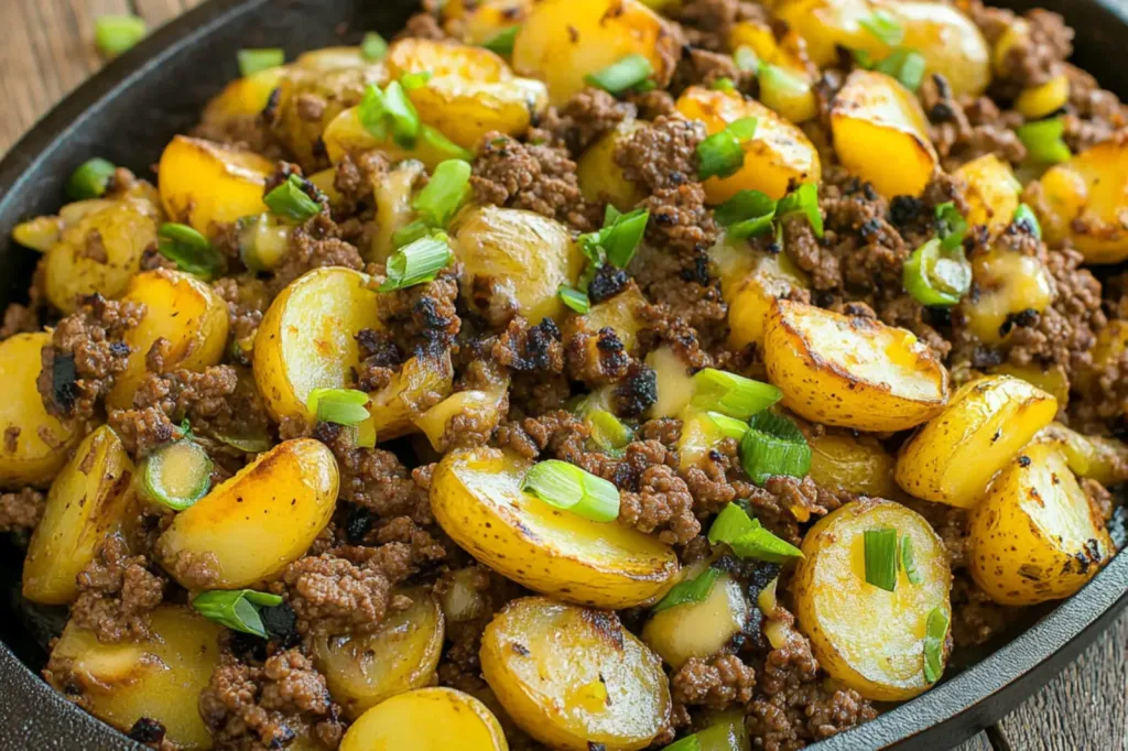 GROUND BEEF AND POTATO SKILLET centered hero view, clean and uncluttered