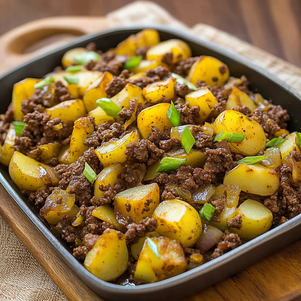 Ground beef and potato skillet with melted cheddar cheese and green onions