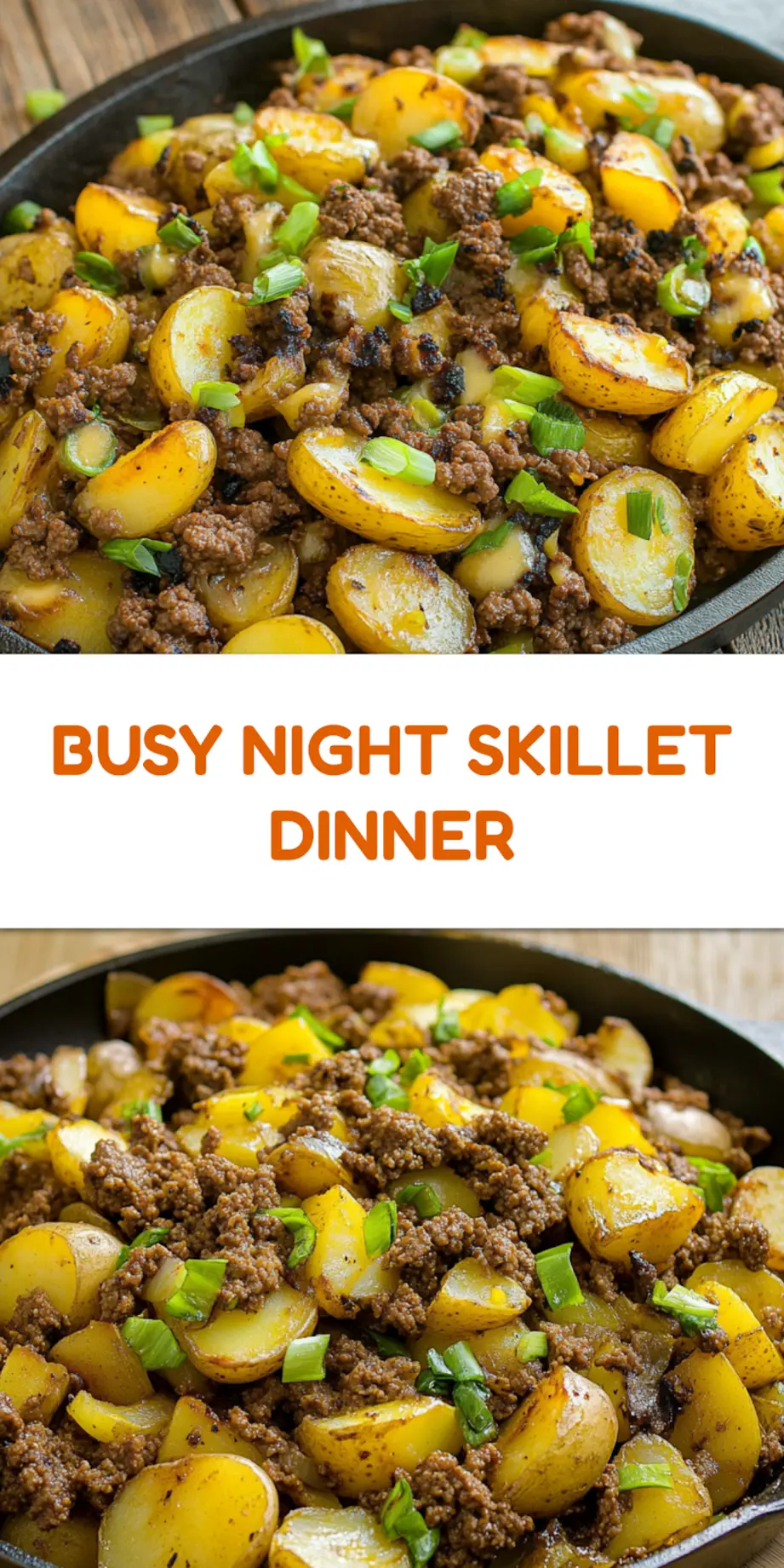 Ground beef and potato skillet Pinterest pin with melted cheddar