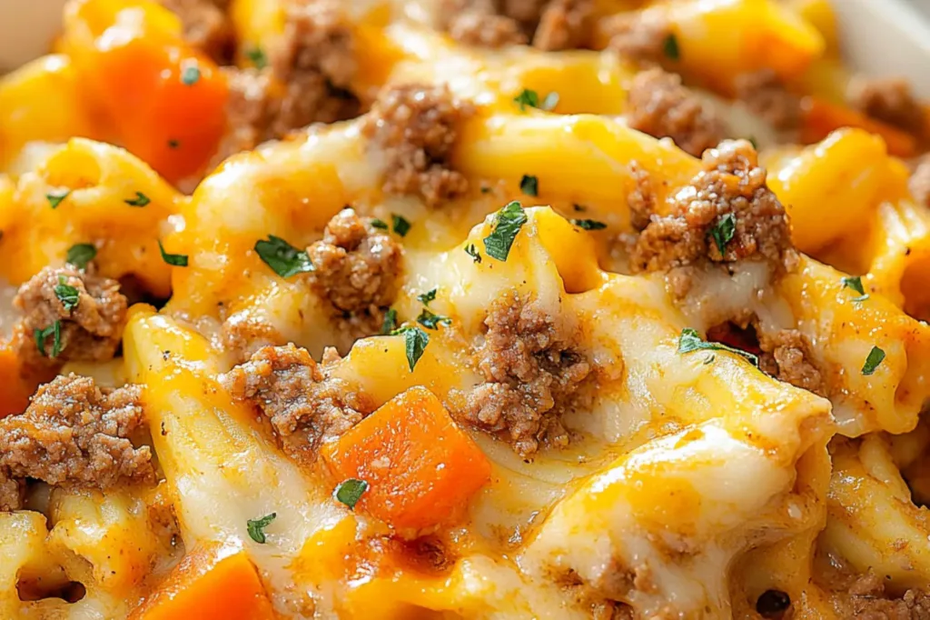 GROUND BEEF CASSEROLE centered hero view, clean and uncluttered