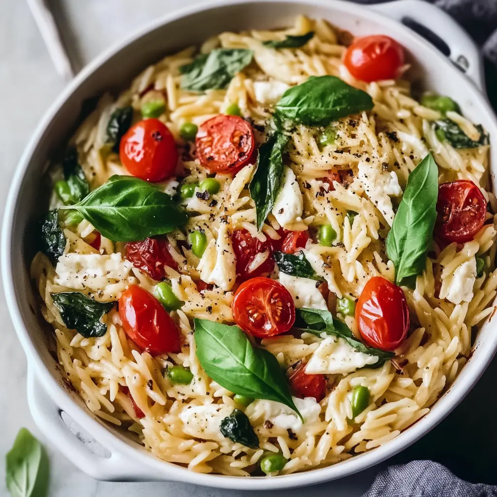 Healthy Baked Feta Orzo Recipe: Easy, Fresh and Delicious 3 Healthy baked feta orzo with cherry tomatoes and asparagus on a white plate