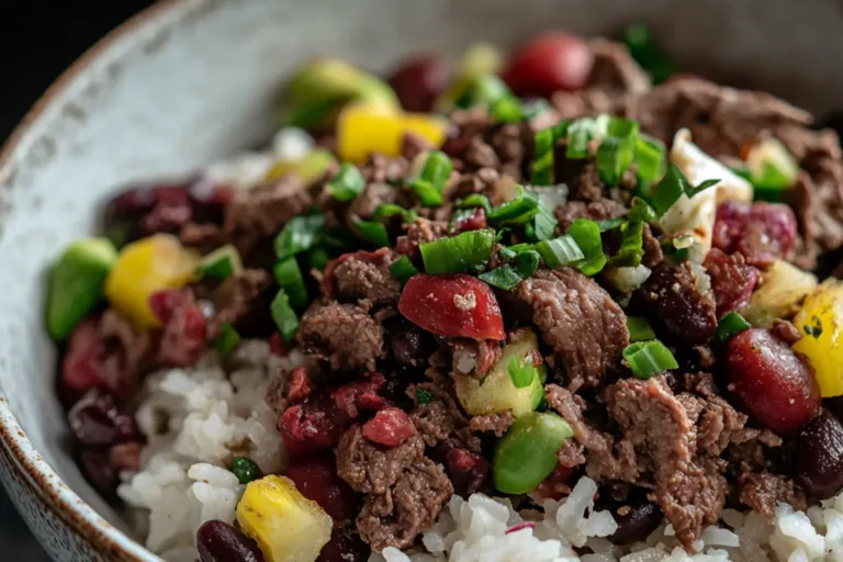 HIGH PROTEIN BEEF AND RICE BOWL centered hero view, clean and uncluttered