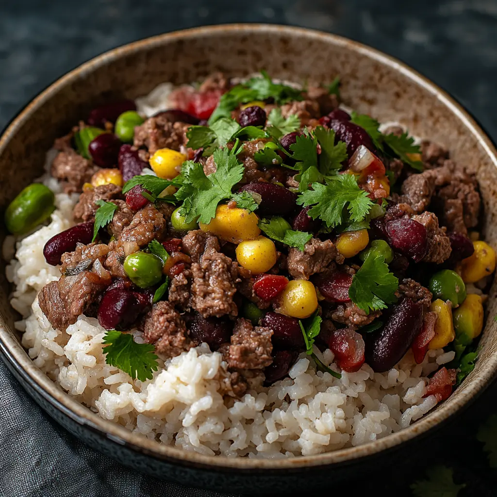 HIGH PROTEIN BEEF AND RICE BOWL centered hero view, clean and uncluttered