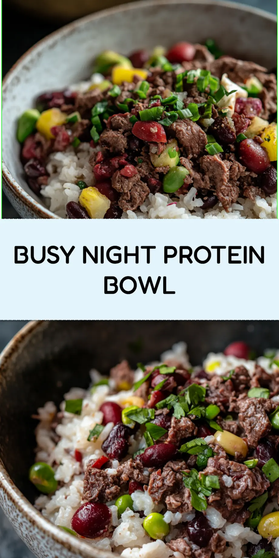 HIGH PROTEIN BEEF AND RICE BOWL centered hero view, clean and uncluttered