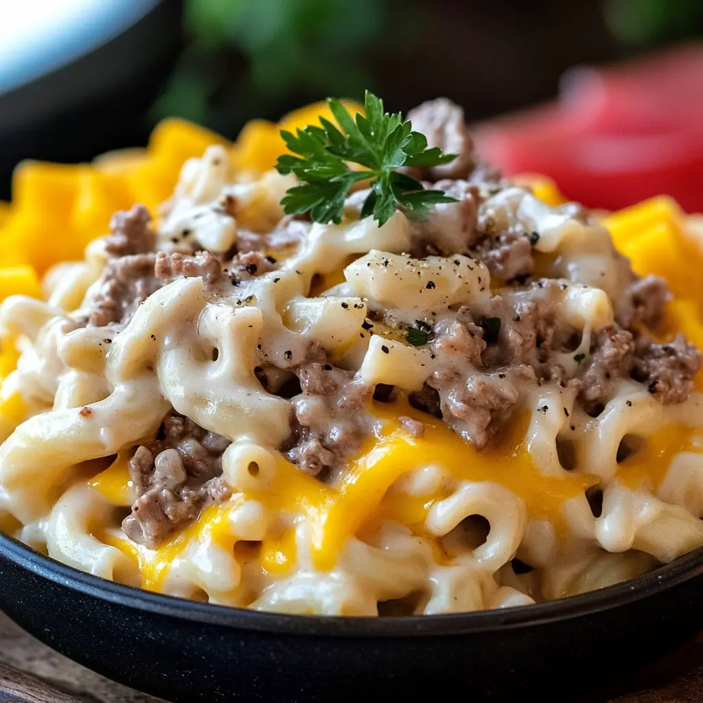 HIGH-PROTEIN CREAMY PHILLY CHEESESTEAK MAC centered hero view, clean and uncluttered