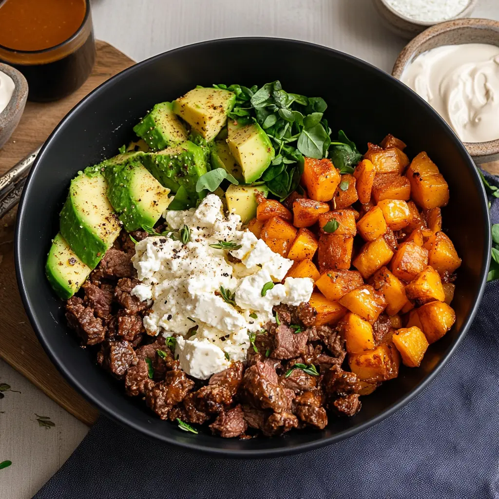 Hot Honey Cottage Cheese Sweet Potato Beef Bowl Recipe 3 HOT HONEY COTTAGE CHEESE SWEET POTATO BEEF BOWL centered hero view, clean and uncluttered