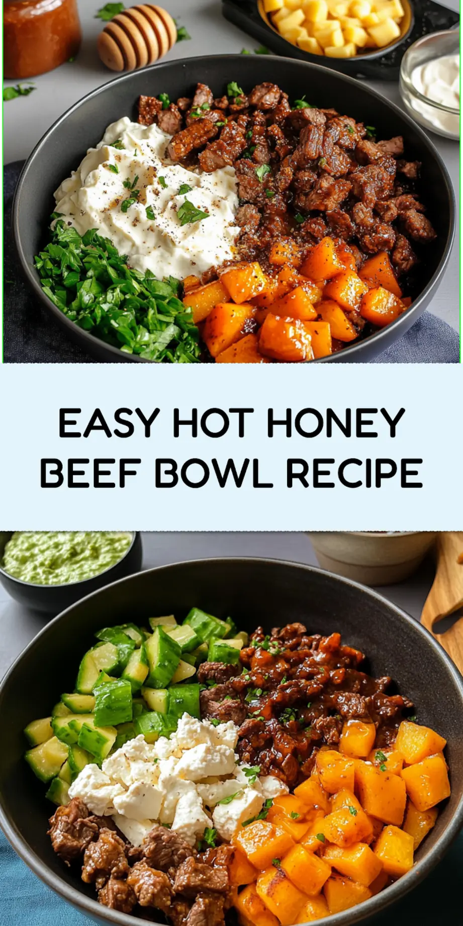 Hot Honey Cottage Cheese Sweet Potato Beef Bowl Recipe 4 HOT HONEY COTTAGE CHEESE SWEET POTATO BEEF BOWL centered hero view, clean and uncluttered