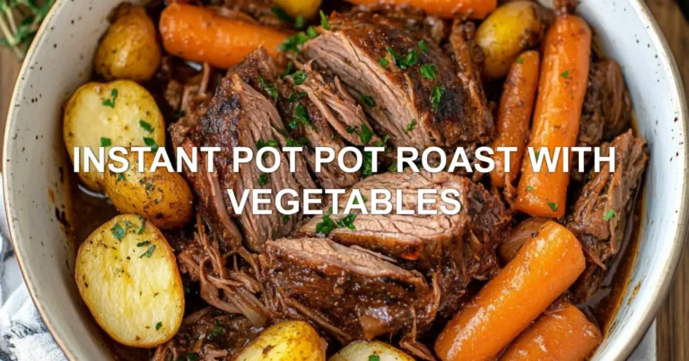 INSTANT POT POT ROAST WITH VEGETABLES centered hero view, clean and uncluttered