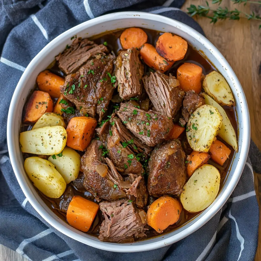 INSTANT POT POT ROAST WITH VEGETABLES centered hero view, clean and uncluttered