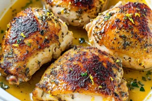 JUICY LEMON CHICKEN THIGHS centered hero view, clean and uncluttered