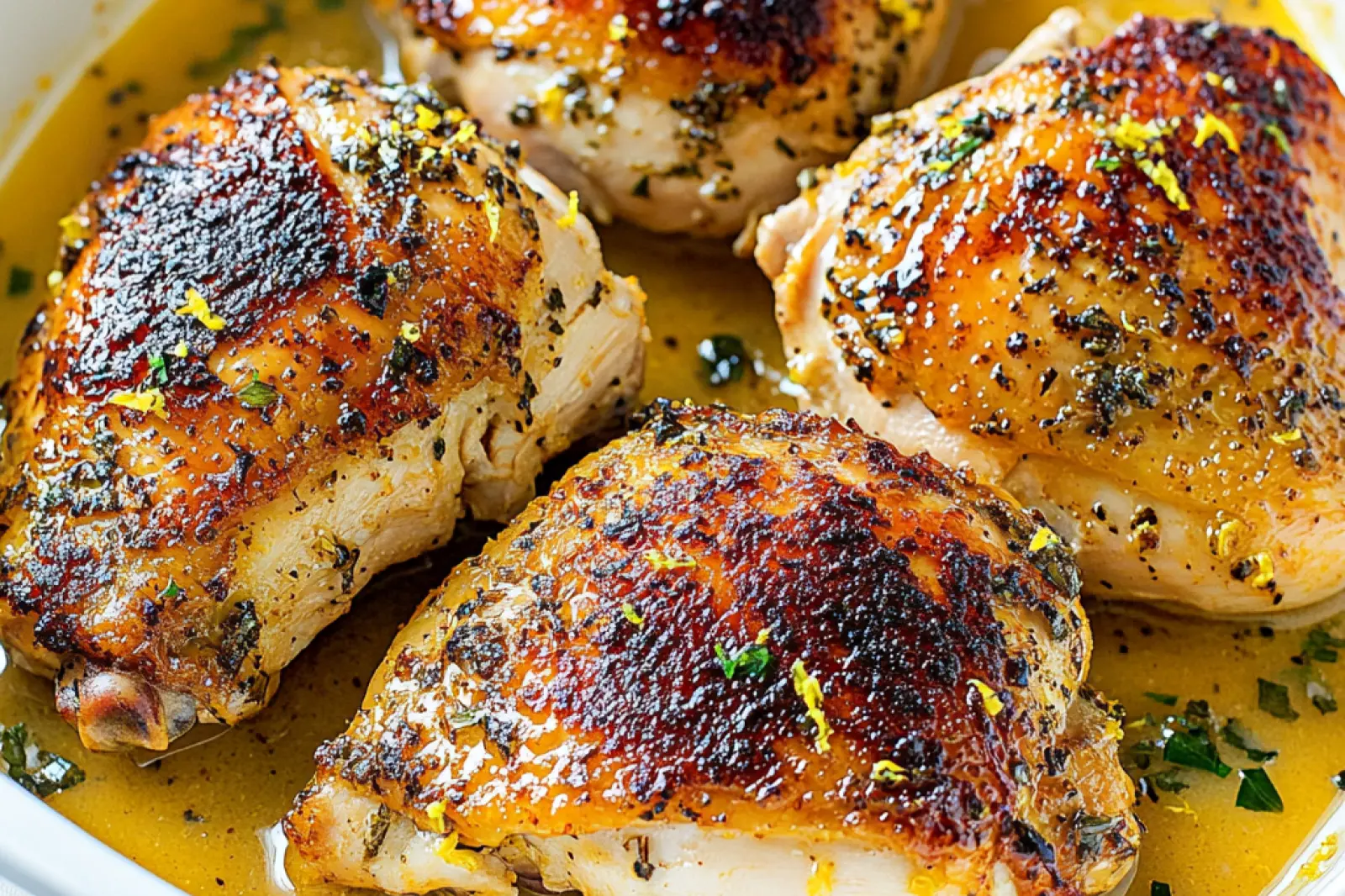 JUICY LEMON CHICKEN THIGHS centered hero view, clean and uncluttered