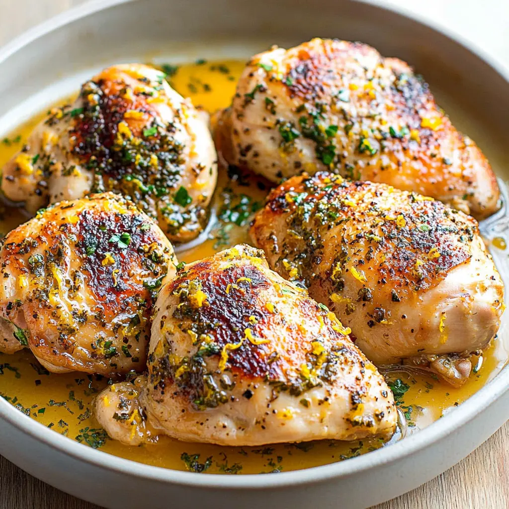 Juicy lemon chicken thighs with golden crispy skin on a white plate