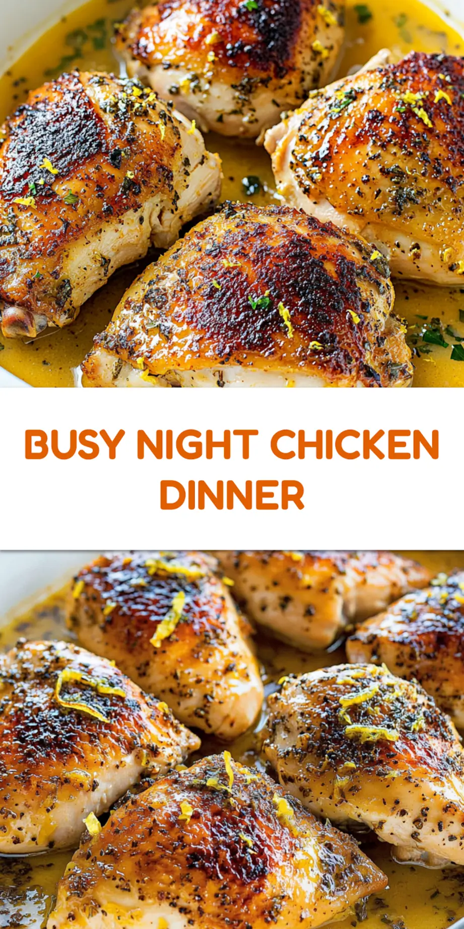 Juicy lemon chicken thighs recipe pin with golden skin and fresh herbs
