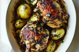 LEMON HERB CHICKEN WITH LEEKS POTATOES centered hero view, clean and uncluttered