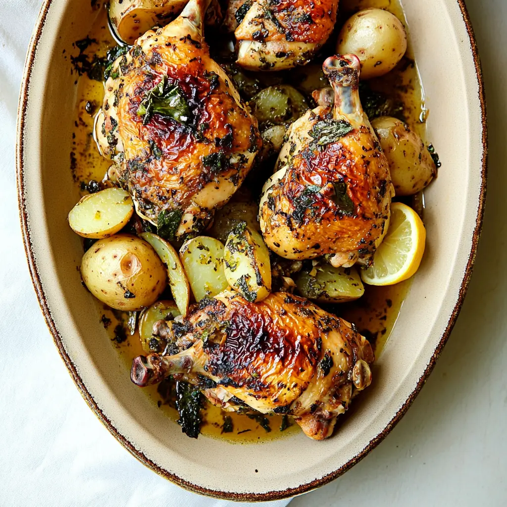 Lemon herb chicken with leeks and potatoes on a roasting pan, golden and herb-flecked