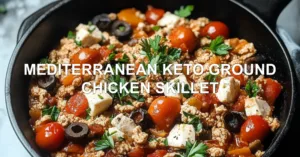 MEDITERRANEAN KETO GROUND CHICKEN SKILLET centered hero view, clean and uncluttered