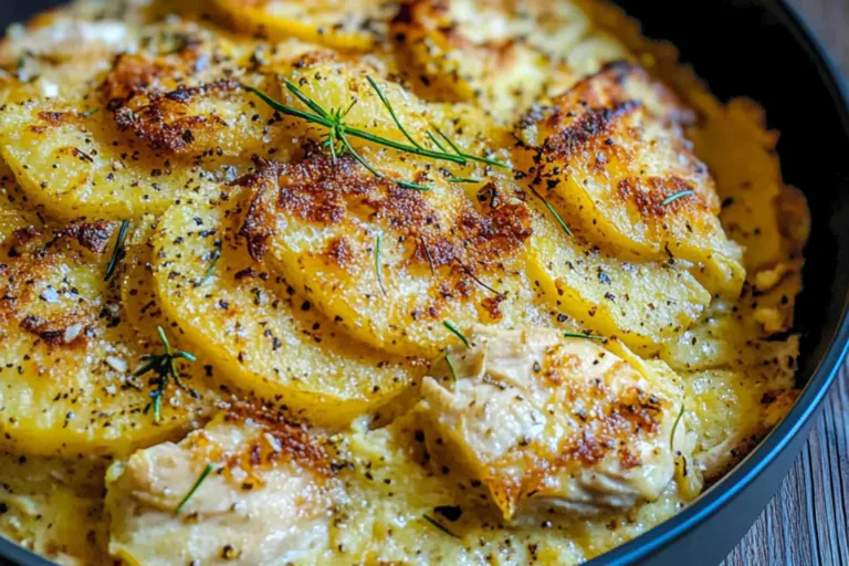 ONE DISH SWEET POTATO CHICKEN GRATIN centered hero view, clean and uncluttered
