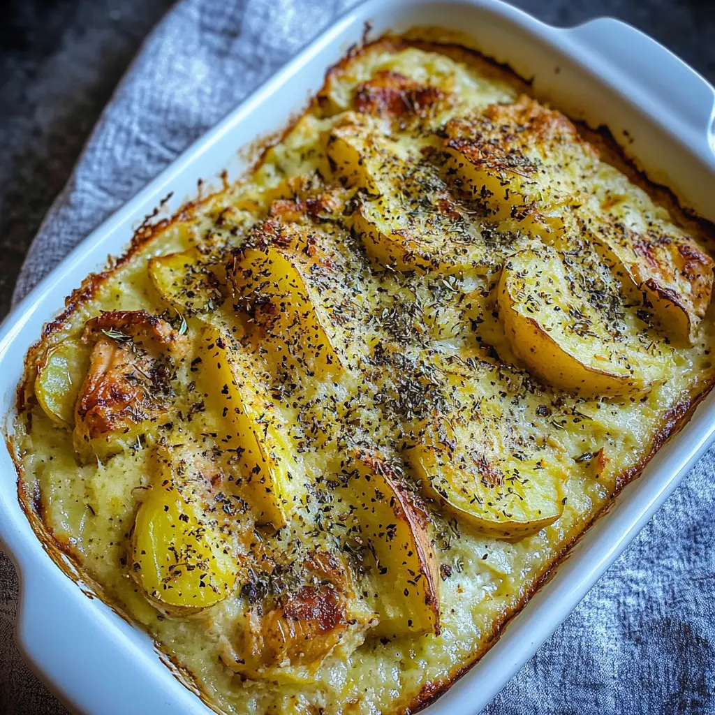 ONE DISH SWEET POTATO CHICKEN GRATIN centered hero view, clean and uncluttered