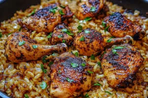 ONE-PAN CHICKEN AND GARLIC RICE centered hero view, clean and uncluttered