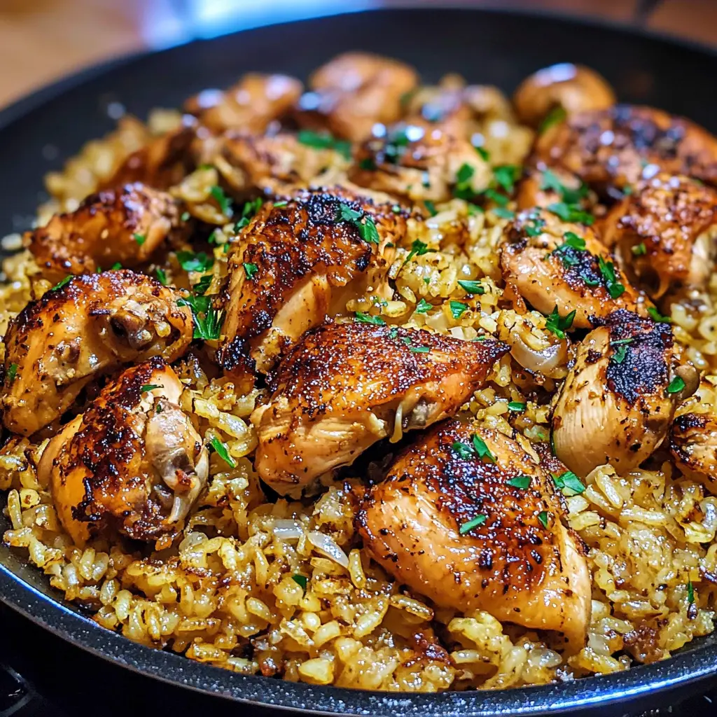 One-pan chicken and garlic rice centered hero view, clean and uncluttered