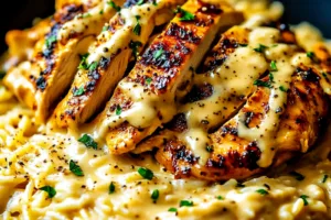 ONE-POT CAJUN CHICKEN ALFREDO ORZO centered hero view, clean and uncluttered